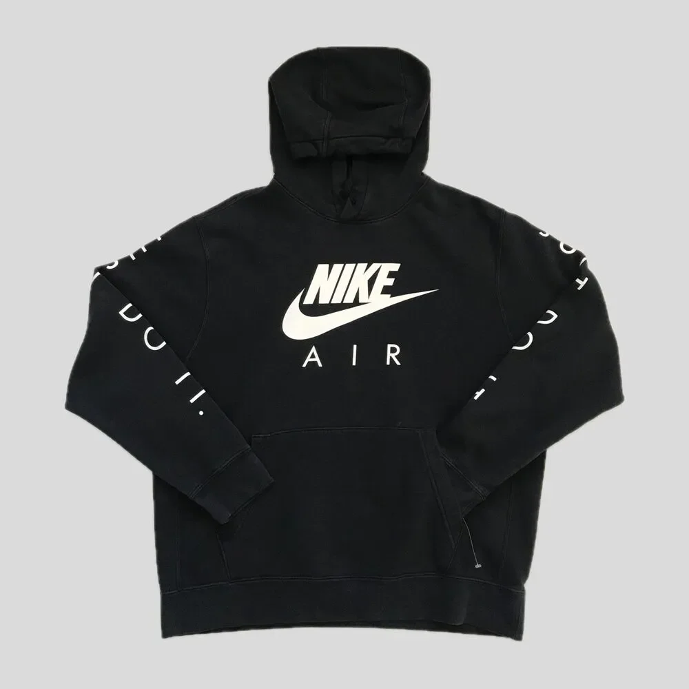Nike Black Cotton Fleece Long Sleeve Logo Pullover Hoodie Unisex L Casual